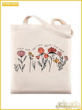 Canvas Tote Bag Flower Print Teacher Appreciation Gift Sturdy Cotton Shoulder
